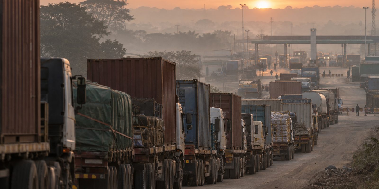 Trucks queuing at the Kasumbalesa border post at dawn