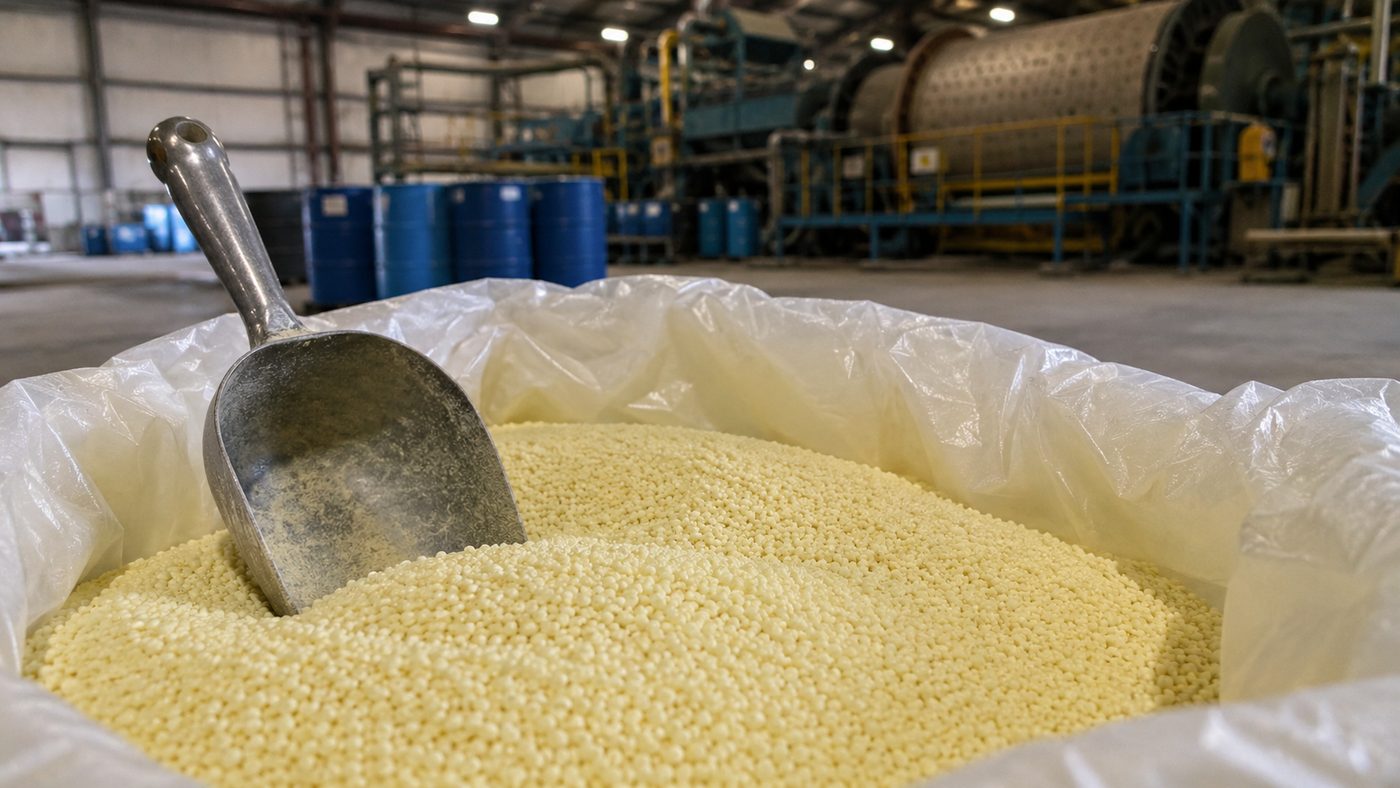 Open bag of flotation reagent pellets with a scoop, processing plant behind