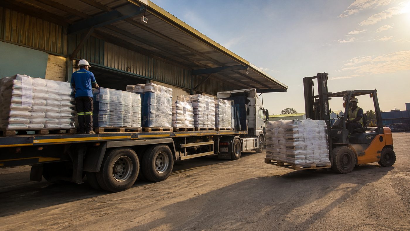 Flatbed truck being loaded with pallets at a warehouse dock