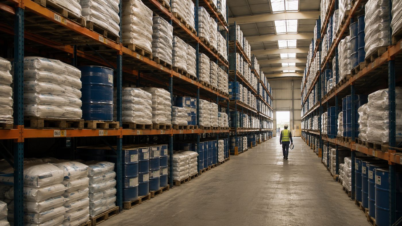 Warehouse aisle stacked with chemical sacks and drums